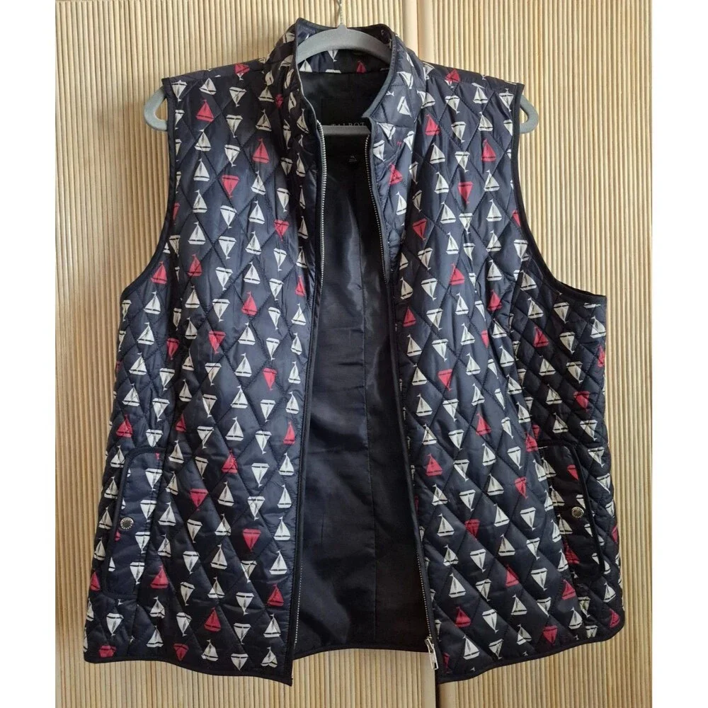Talbots Women's Puffer Vest Size XL Blue Lightweight Quilted Sailboat Nautical